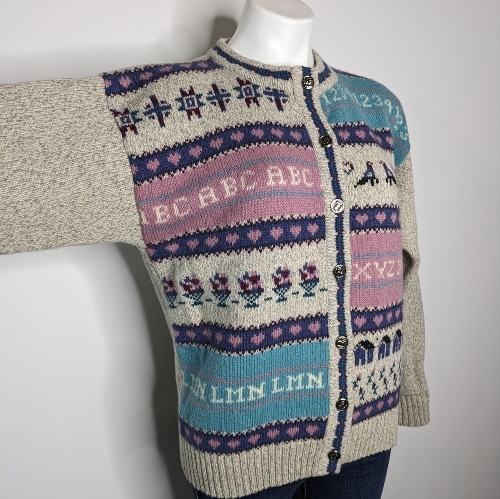 Vintage Woolrich tan blue pink school teacher wool blend button up cardigan M - Picture 3 of 8